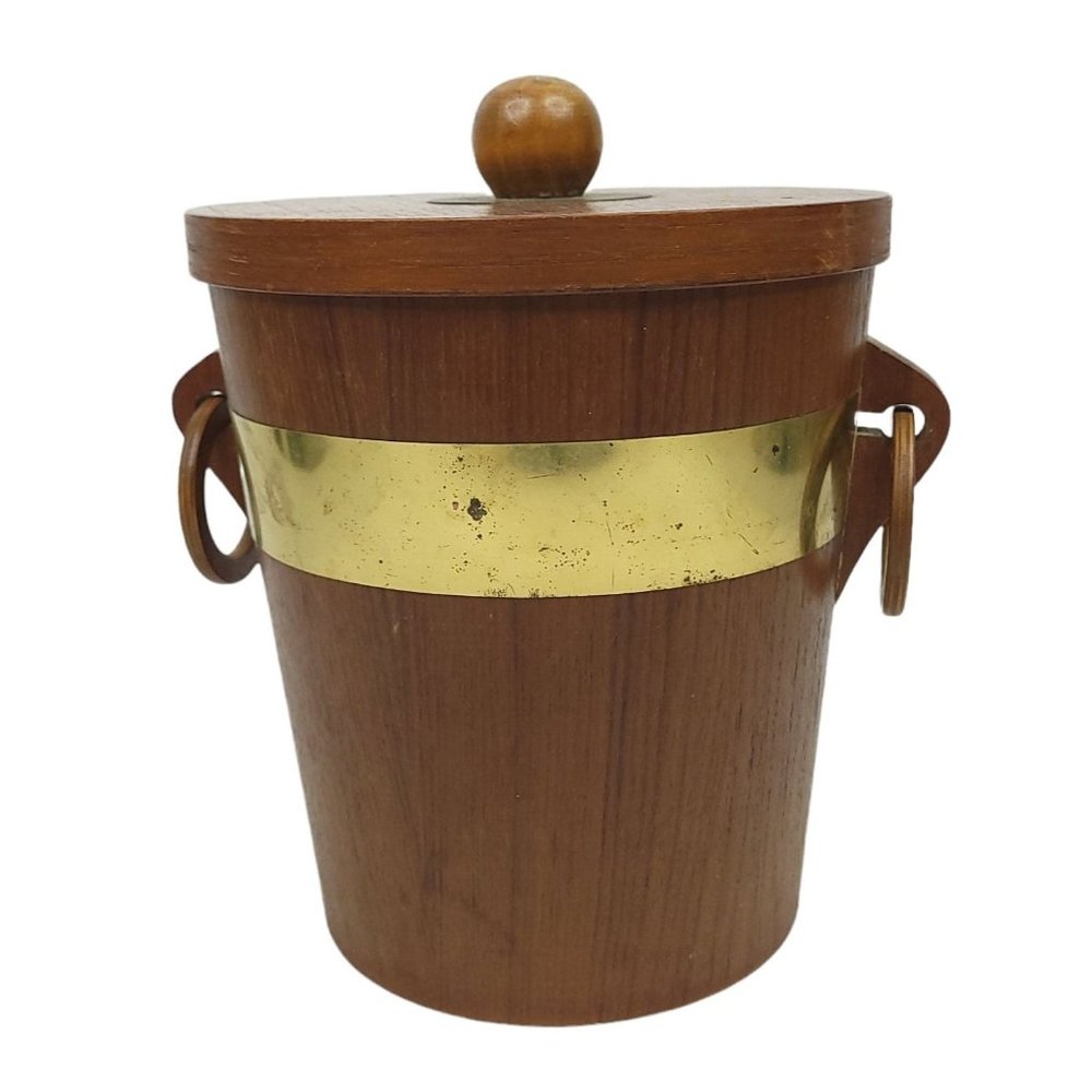 Vintage Wood Brass Band Ice Bucket Wood Handles Barware Mid Century Japan